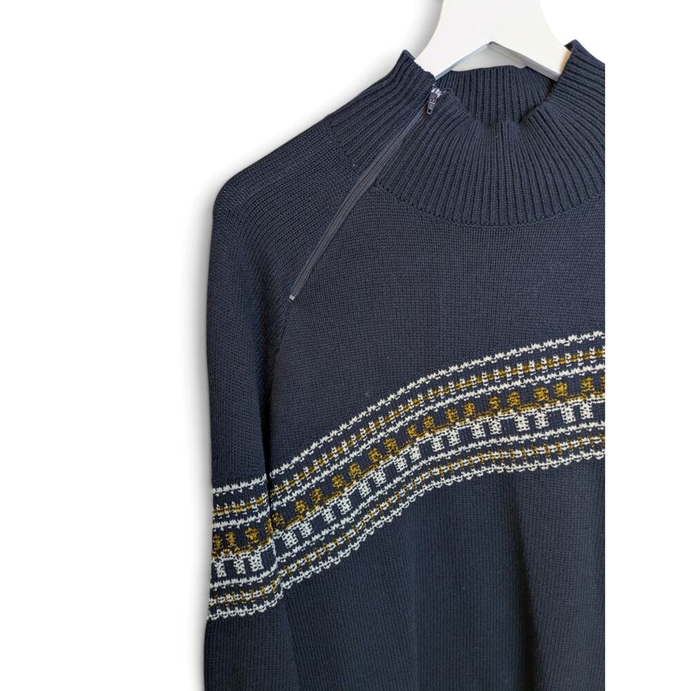 CABI Fair Isle Pullover Sweater Diagonal Zip Ribbed Mock Collar Navy #4231 - XL - Picture 3 of 7